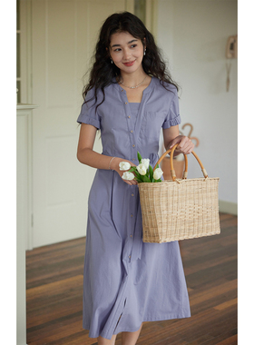 solighter 法式莱赛尔假两件衬衫连衣裙夏季2026新款短袖收腰长裙