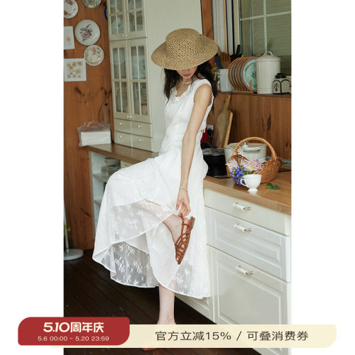 solighter蕾丝拼接v领无袖连衣裙
