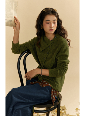 solighter 法式牦牛绒不对称翻领针织开衫女秋冬新款收腰针织上衣