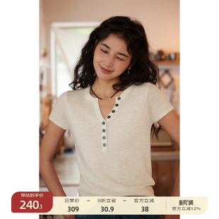 零点新品 9折 solighter 亚麻混纺v领修身 法式 T恤女夏季