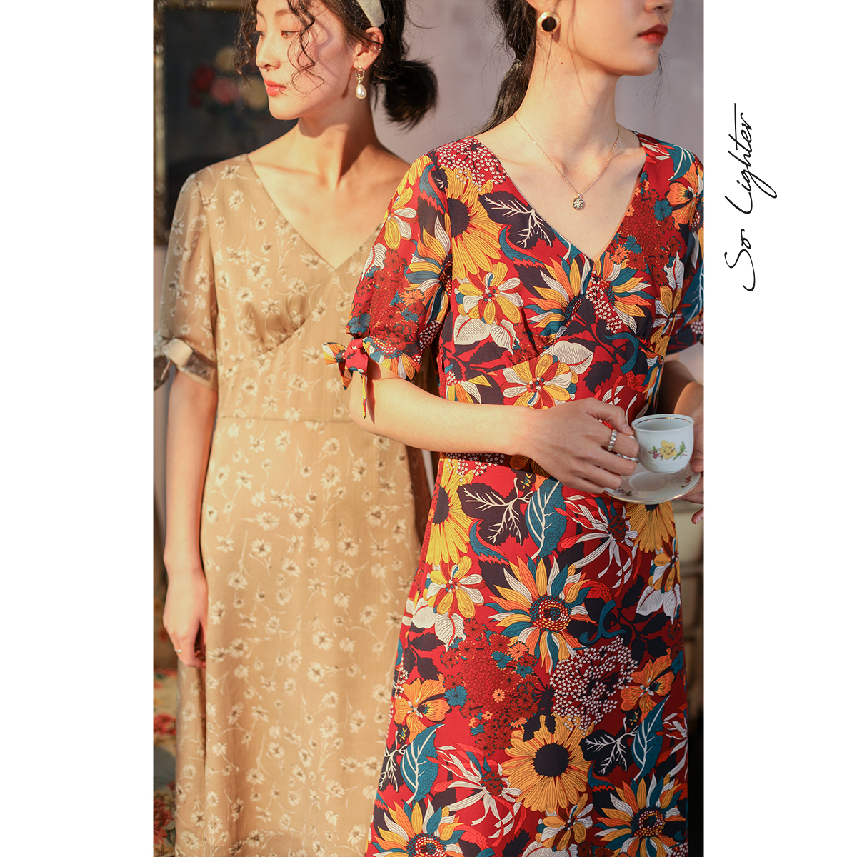 solighter印花雪纺中长裙连衣裙