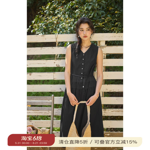 solighter法式复古v领无袖连衣裙