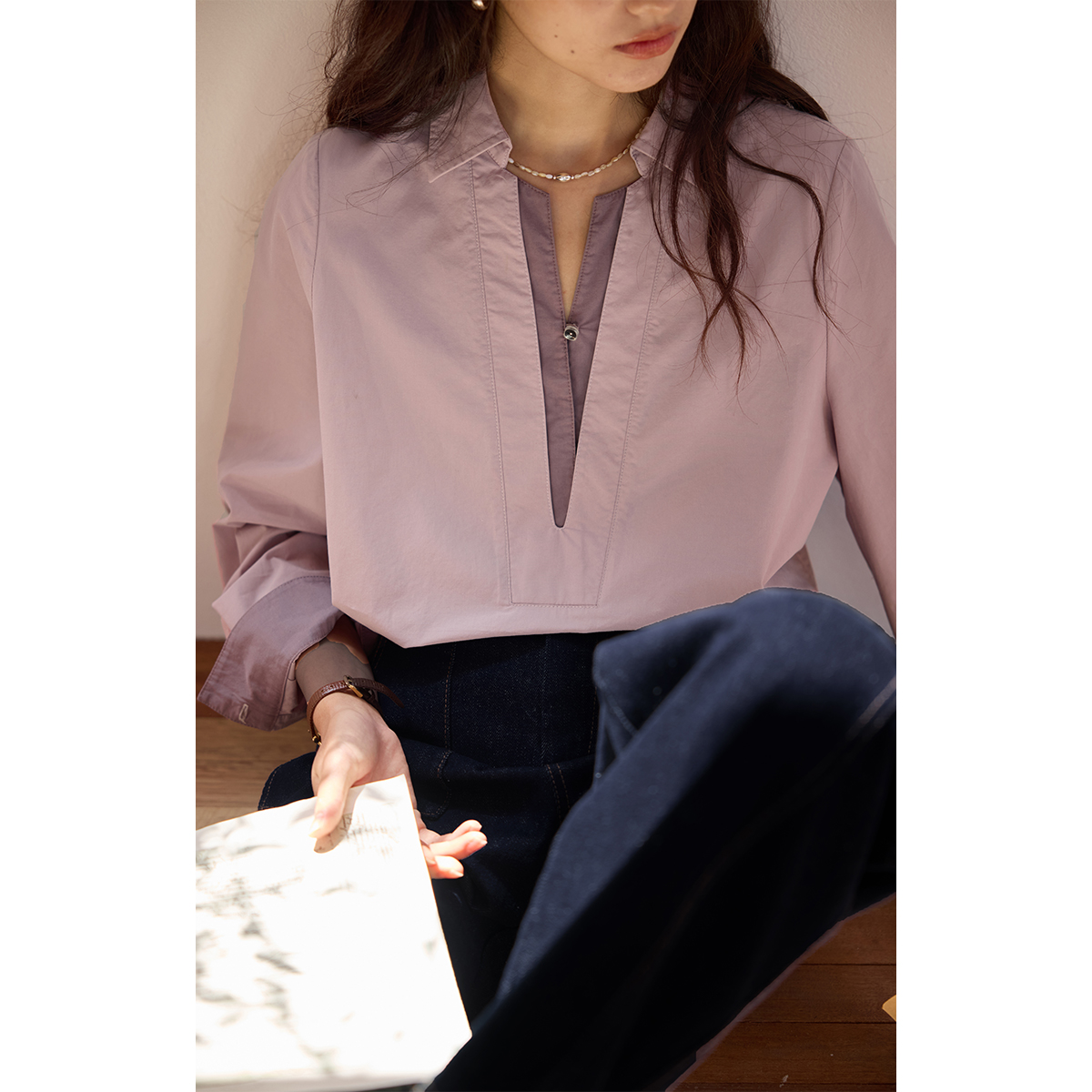 solighter 法式复古假两件衬衫女秋季2025新款宽松套头长袖衬衣