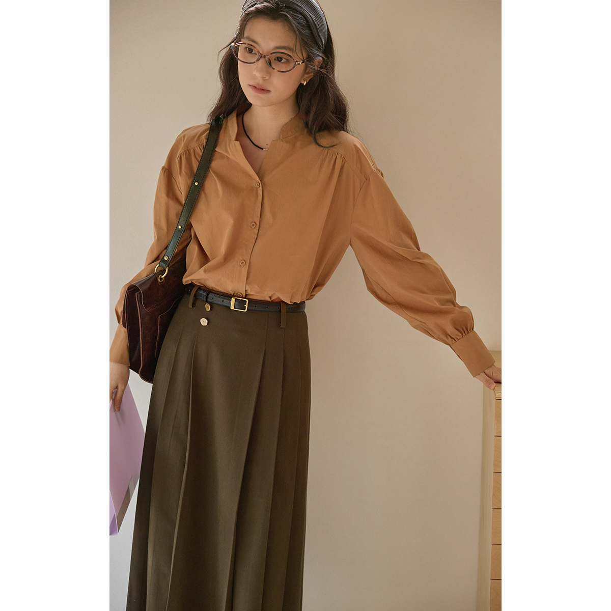 solighter法式v领灯笼袖长袖衬衫