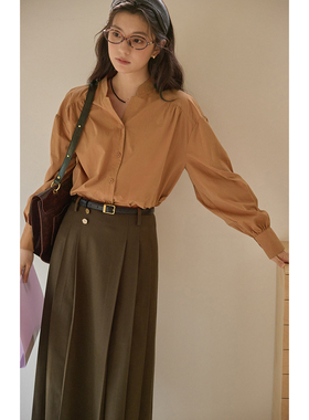 solighter法式白色v领灯笼袖衬衫女秋季2025新款宽松气质长袖衬衣