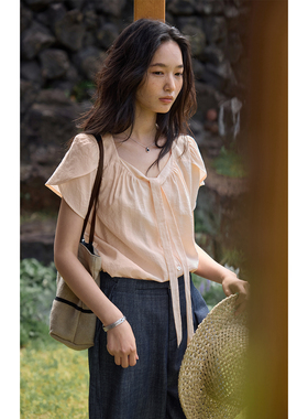 solighter 法式莫代尔飘带花瓣袖衬衫女夏季2025新款v领垂感上衣