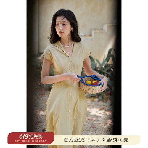 solighter莱赛尔v领收腰连衣裙
