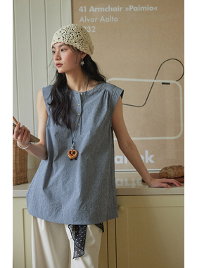 solighter 法式蓝色条纹无袖衬衫女夏季2025新款气质显瘦圆领上衣