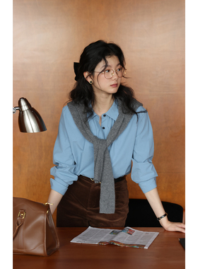 solighter 法式复古蓝色长袖衬衫女秋冬2025新款宽松叠穿衬衣上衣