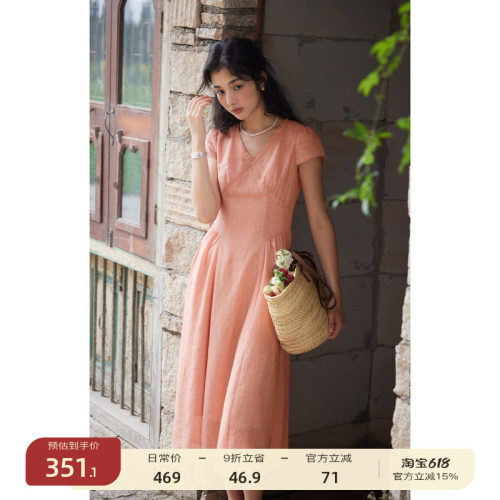 solighter法式苎麻v领收腰连衣裙