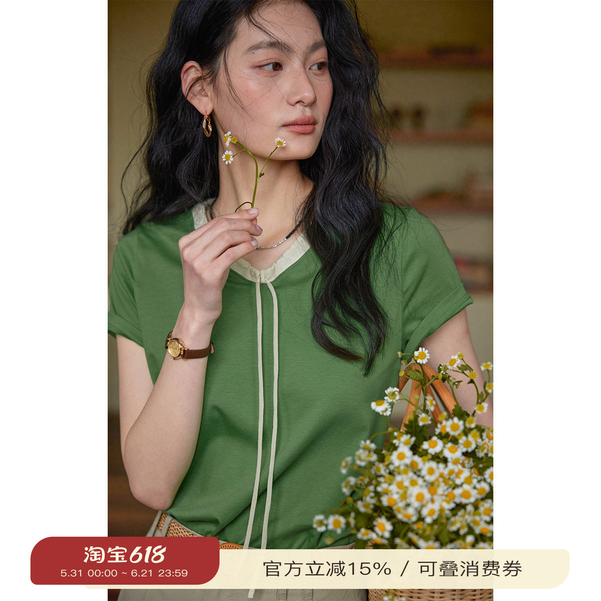 solighter 法式莱赛尔绿色v领系带T恤女夏季2026新款正肩短袖上衣