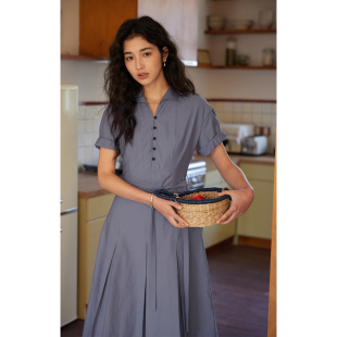 法式 短袖 复古燕子领衬衫 2026新款 收腰长裙 连衣裙春季 solighter