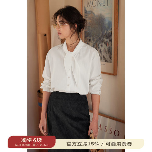 solighter法式飘带领长袖衬衫