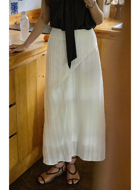 solighter 法式复古白色高腰剪花半身裙女夏季2025新款打褶长裙