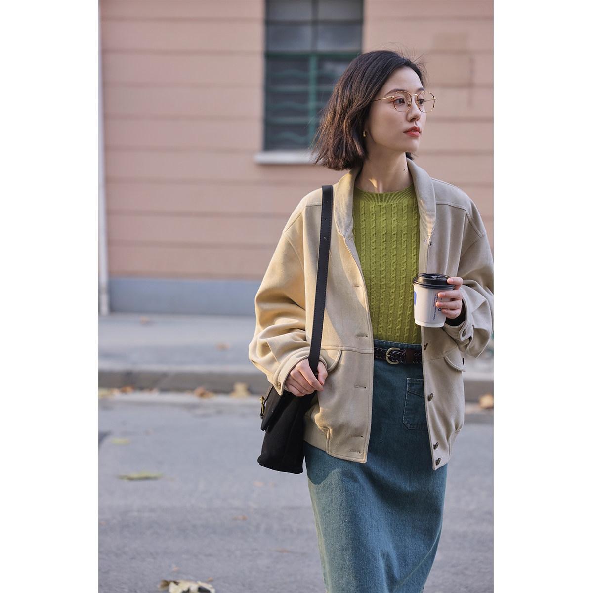 solighter复古超纤绒短外套2023春季新款宽松休闲别致青果领上衣