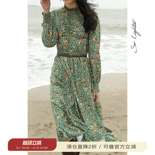 solighter立领碎花复古风连衣裙