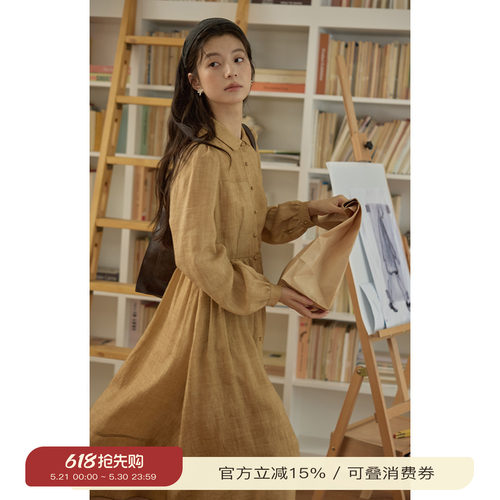 solighter 法式苎麻娃娃领衬衫连衣裙春季新款长袖泡泡袖收腰长裙