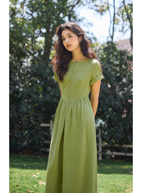 solighter 法式复古绿色连袖收腰连衣裙夏季2025新款显瘦气质长裙