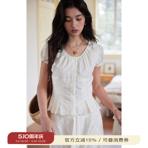 solighter法式泡泡袖收腰衬衫