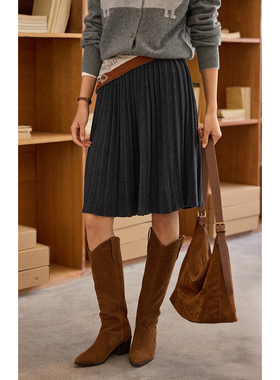 solighter 法式复古羊毛针织半身裙女秋冬2025新款灰色百褶裙中裙