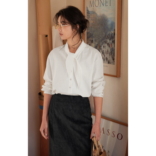 solighter法式飘带领长袖衬衫