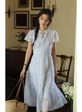 solighter 法式蓝色天丝v领连衣裙夏季2025新款系带提花收腰长裙