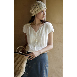 暗条纹气质短袖 solighter法式 2025新款 女夏季 上衣 复古亚麻v领衬衫
