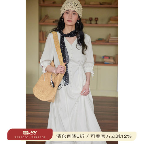 solighter法式莱赛尔v领连衣裙