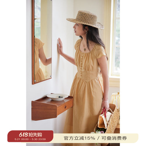 solighter法式亚麻小飞袖连衣裙