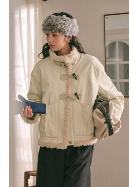 solighter 法式毛毛拼接立领短外套女秋冬2025新款小个子加绒外套