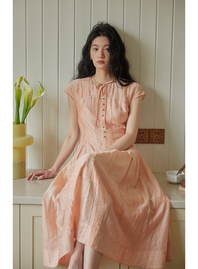 solighter法式粉色莱赛尔v领系带连衣裙夏季2026新款显瘦收腰长裙