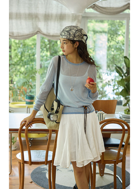 solighter 法式蓝色条纹微透针织衫女秋季2025新款羊毛薄款上衣