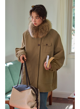 solighter 法式貉子毛领加厚外套女秋冬2025新款翻领加绒宽松外套