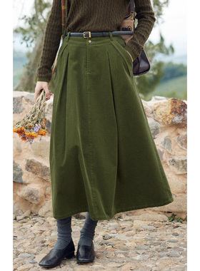 solighter法式复古灯芯绒高腰半身裙女秋冬2025新款显瘦a字裙长裙