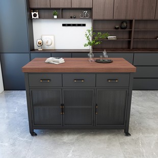 开放式厨房岛台柜单独家用岩板实木一体收纳餐边中岛可移动料理台