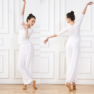 白色雪纺舞蹈服女飘逸古典舞演出服莫代尔成人练功服舞韵瑜伽服夏