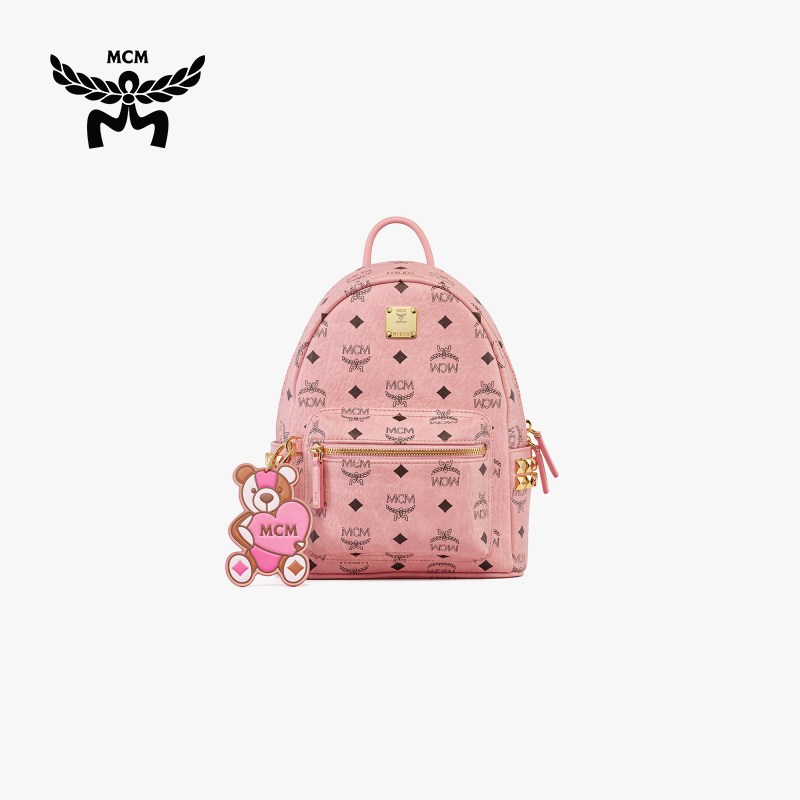 [12期免息]MCM 迷你桃花粉通勤双肩背包专享品牌定制挂件