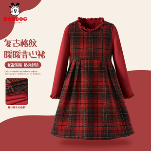 巴布豆女童红色连衣裙洋气小公主冬装2026马年新年儿童毛衣背心裙