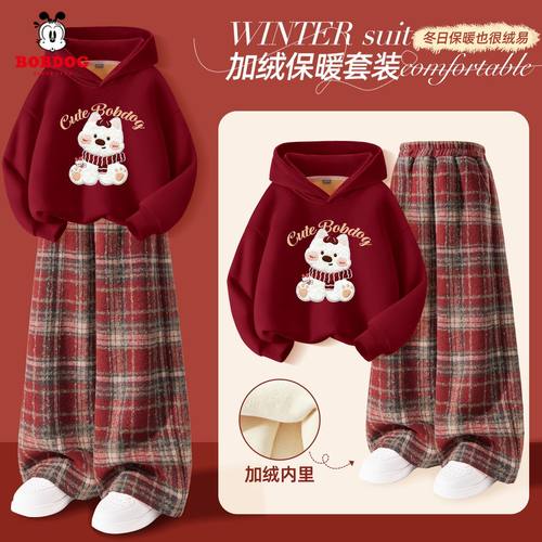 巴布豆女童拜年服套装2026新款马年儿童红色加绒唐装女宝过年衣服