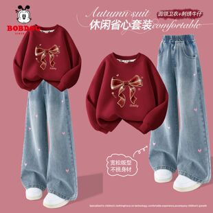 巴布豆儿童卫衣套装薄款春2026新款女童蝴蝶结衣服红色洋气牛仔裤