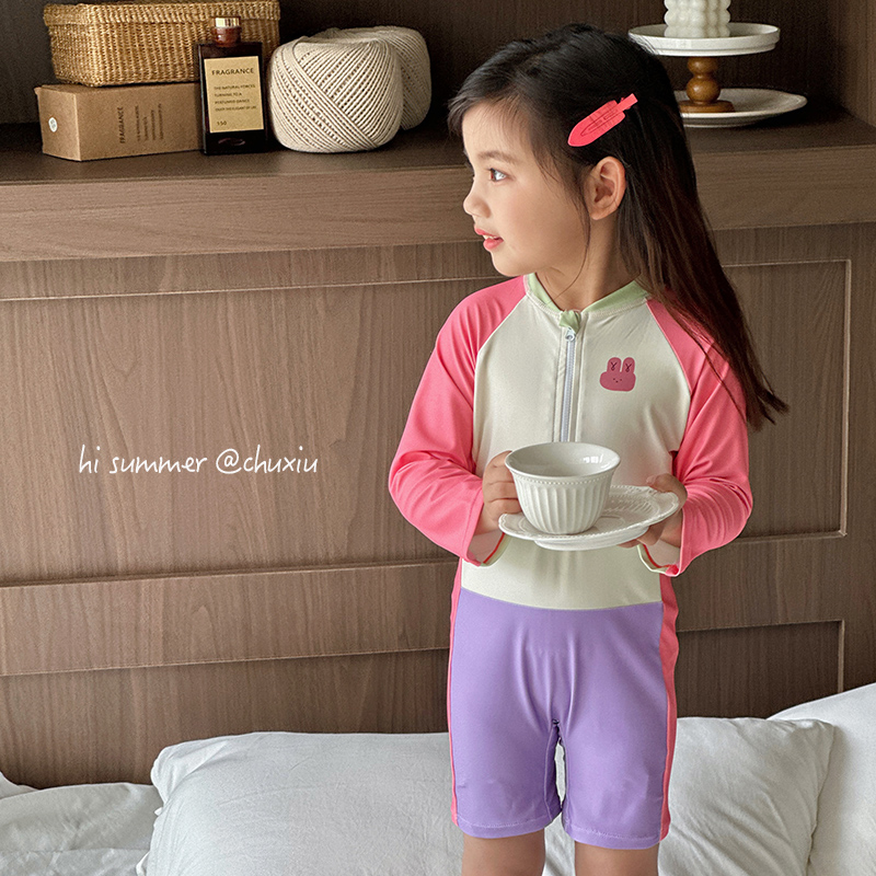 雏袖儿童连体撞色速干游泳衣