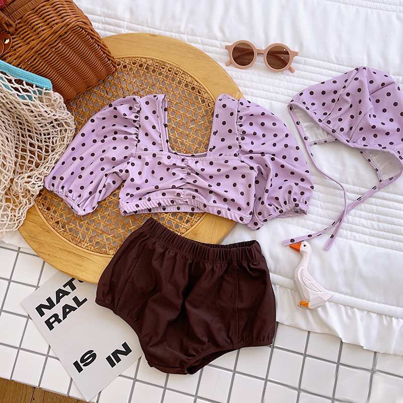 2023新款女童泳衣网红洋气波点格子泡泡袖游泳衣中大童分体游泳装