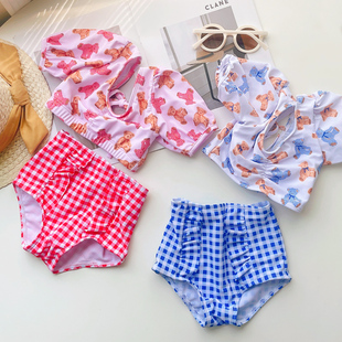 女童泳衣夏儿童洋气女孩小熊分体泡泡袖 游泳衣ins中小童泳衣泳裤