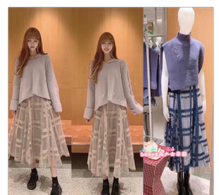 原加裁s家21秋新品 气质优雅格纹蕾丝网纱拼接半身伞裙SWFS214153