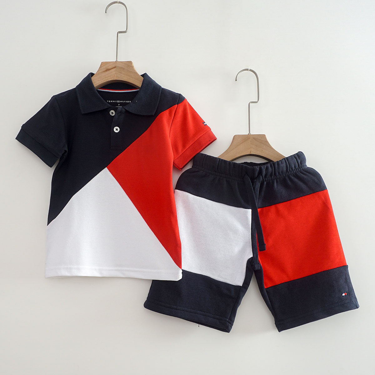 欧美翻领POLO衫短袖短裤套装男宝宝夏季撞色儿童装两件套休闲服