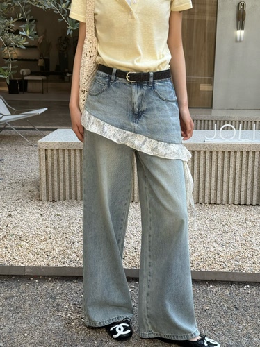 欧货正品2026春季新款蕾丝拼接牛仔裤女宽松显瘦直筒阔腿长裤子