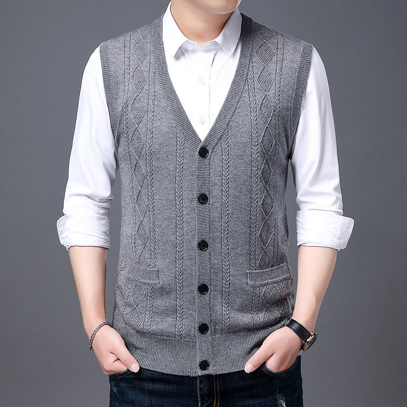 春秋季开衫针织背心男士V领无袖毛衣坎肩中老年爸爸装马甲打底衫