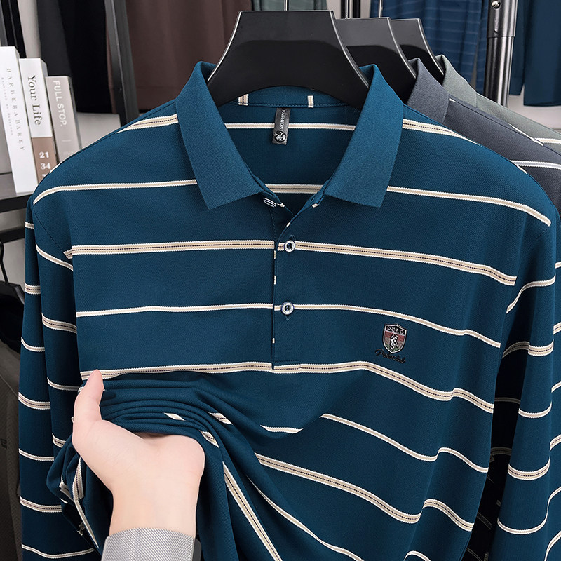 条纹翻领长袖T恤男春秋季薄款打底衫中年爸爸男士休闲宽松Polo衫