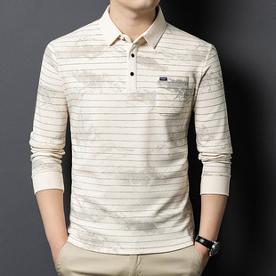 商务休闲中老年Polo衫 T恤春秋季 男士 翻领长袖 薄款 条纹印花打底衫