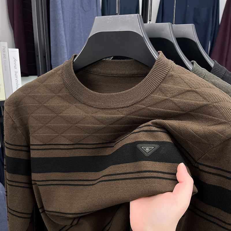 春秋季薄款针织衫毛衣男士潮流休闲条纹圆领毛衣长袖t恤打底衫男